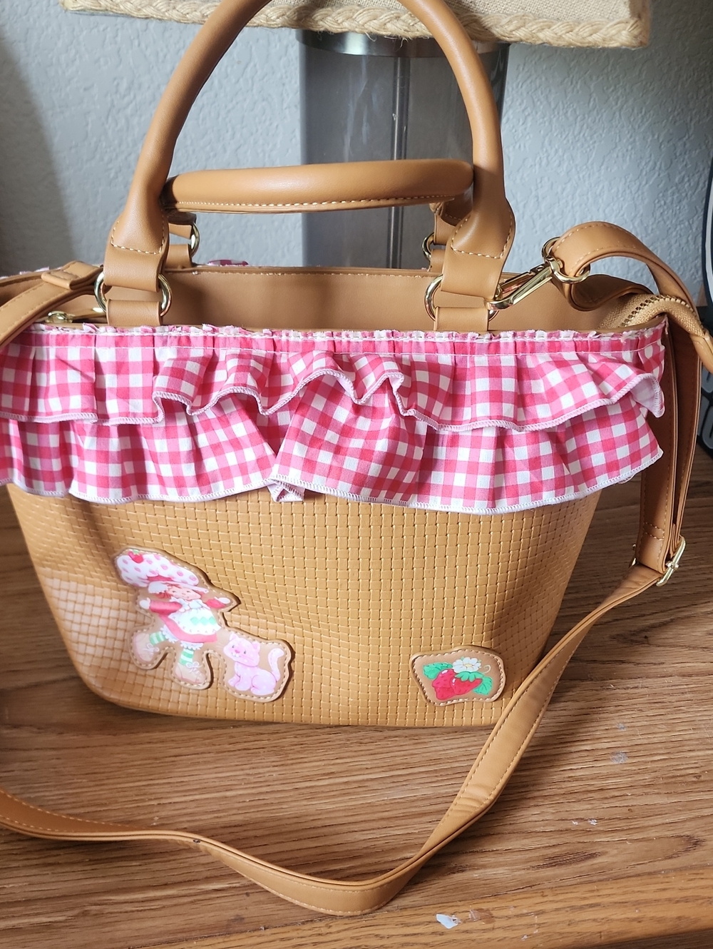 Strawberry Shortcake & Custard Cat Gingham Basket Crossbody Bag
